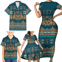 Dark Cyan Blue Batik Papua-inspired Pattern Family Matching Short Sleeve Bodycon Dress and Hawaiian Shirt - Polynesian Pride