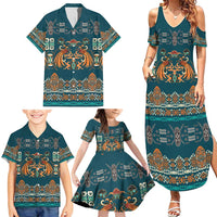 Dark Cyan Blue Batik Papua-inspired Pattern Family Matching Summer Maxi Dress and Hawaiian Shirt - Polynesian Pride