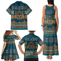 Dark Cyan Blue Batik Papua-inspired Pattern Family Matching Tank Maxi Dress and Hawaiian Shirt - Polynesian Pride
