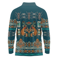 Dark Cyan Blue Batik Papua-inspired Pattern Long Sleeve Polo Shirt - Polynesian Pride