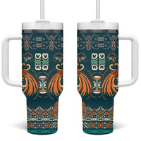 Dark Cyan Blue Batik Papua-inspired Pattern Tumbler With Handle - Polynesian Pride