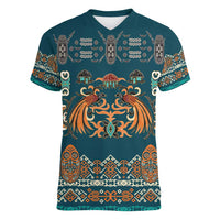 Dark Cyan Blue Batik Papua-inspired Pattern Women V-Neck T-Shirt - Polynesian Pride