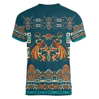 Dark Cyan Blue Batik Papua-inspired Pattern Women V-Neck T-Shirt - Polynesian Pride
