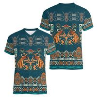 Dark Cyan Blue Batik Papua-inspired Pattern Women V-Neck T-Shirt - Polynesian Pride