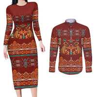 Oxblood Batik Papua-inspired Pattern Couples Matching Long Sleeve Bodycon Dress and Long Sleeve Button Shirt - Polynesian Pride
