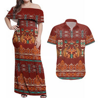 Oxblood Batik Papua-inspired Pattern Couples Matching Off Shoulder Maxi Dress and Hawaiian Shirt - Polynesian Pride