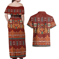 Oxblood Batik Papua-inspired Pattern Couples Matching Off Shoulder Maxi Dress and Hawaiian Shirt - Polynesian Pride