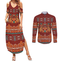 Oxblood Batik Papua-inspired Pattern Couples Matching Summer Maxi Dress and Long Sleeve Button Shirt - Polynesian Pride