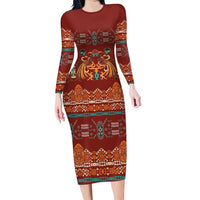 Oxblood Batik Papua-inspired Pattern Family Matching Long Sleeve Bodycon Dress and Hawaiian Shirt - Polynesian Pride