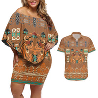 Terracotta Batik Papua-inspired Pattern Couples Matching Off Shoulder Short Dress and Hawaiian Shirt - Polynesian Pride