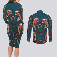 Dark Cyan Blue Bird of Batik Papua Couples Matching Long Sleeve Bodycon Dress and Long Sleeve Button Shirt Exotic Natural Wealth of Papua - Polynesian Pride