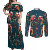 Dark Cyan Blue Bird of Batik Papua Couples Matching Off Shoulder Maxi Dress and Long Sleeve Button Shirt Exotic Natural Wealth of Papua - Polynesian Pride