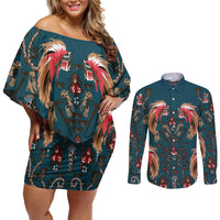 Dark Cyan Blue Bird of Batik Papua Couples Matching Off Shoulder Short Dress and Long Sleeve Button Shirt Exotic Natural Wealth of Papua - Polynesian Pride