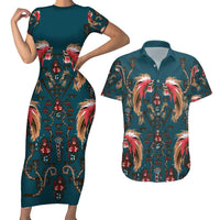 Dark Cyan Blue Bird of Batik Papua Couples Matching Short Sleeve Bodycon Dress and Hawaiian Shirt Exotic Natural Wealth of Papua - Polynesian Pride