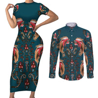 Dark Cyan Blue Bird of Batik Papua Couples Matching Short Sleeve Bodycon Dress and Long Sleeve Button Shirt Exotic Natural Wealth of Papua - Polynesian Pride