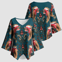 Dark Cyan Blue Bird of Batik Papua Kimono Sleeve Blouse Exotic Natural Wealth of Papua - Polynesian Pride