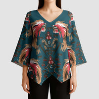 Dark Cyan Blue Bird of Batik Papua Kimono Sleeve Blouse Exotic Natural Wealth of Papua - Polynesian Pride
