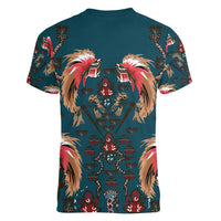 Dark Cyan Blue Bird of Batik Papua Women V-Neck T-Shirt Exotic Natural Wealth of Papua - Polynesian Pride