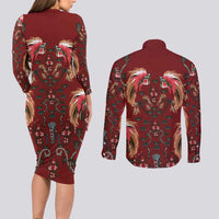 Oxblood Bird of Batik Papua Couples Matching Long Sleeve Bodycon Dress and Long Sleeve Button Shirt Exotic Natural Wealth of Papua - Polynesian Pride