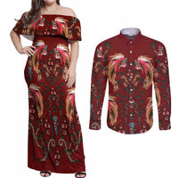 Oxblood Bird of Batik Papua Couples Matching Off Shoulder Maxi Dress and Long Sleeve Button Shirt Exotic Natural Wealth of Papua - Polynesian Pride