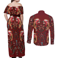 Oxblood Bird of Batik Papua Couples Matching Off Shoulder Maxi Dress and Long Sleeve Button Shirt Exotic Natural Wealth of Papua - Polynesian Pride