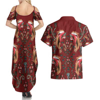 Oxblood Bird of Batik Papua Couples Matching Summer Maxi Dress and Hawaiian Shirt Exotic Natural Wealth of Papua - Polynesian Pride