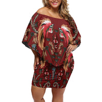 Oxblood Bird of Batik Papua Off Shoulder Short Dress Exotic Natural Wealth of Papua - Polynesian Pride