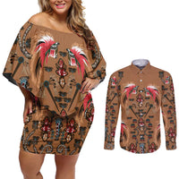 Terracotta Bird of Batik Papua Couples Matching Off Shoulder Short Dress and Long Sleeve Button Shirt Exotic Natural Wealth of Papua - Polynesian Pride