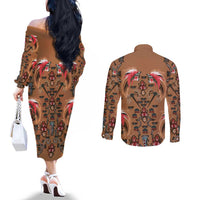 Terracotta Bird of Batik Papua Couples Matching Off The Shoulder Long Sleeve Dress and Long Sleeve Button Shirt Exotic Natural Wealth of Papua - Polynesian Pride