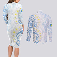 Palau 1981 Tribal Tattoo Couples Matching Long Sleeve Bodycon Dress and Long Sleeve Button Shirt with Belau Plumeria Flowers