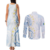 Palau 1981 Tribal Tattoo Couples Matching Tank Maxi Dress and Long Sleeve Button Shirt with Belau Plumeria Flowers