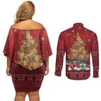 Funny Kiwi Bird Xmas Tree Couples Matching Off Shoulder Short Dress and Long Sleeve Button Shirt New Zealand Tribal Christmas Spirit - Polynesian Pride