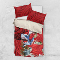 Funny Santa Riding Shark Bedding Set Polynesian Tribal Christmas Spirit LT9 US Twin 172cm x 218cm Red - Polynesian Pride