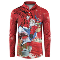 Funny Santa Riding Shark Button Sweatshirt Polynesian Tribal Christmas Spirit LT9 Red - Polynesian Pride