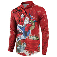 Funny Santa Riding Shark Button Sweatshirt Polynesian Tribal Christmas Spirit LT9 - Polynesian Pride