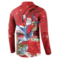 Funny Santa Riding Shark Button Sweatshirt Polynesian Tribal Christmas Spirit LT9 - Polynesian Pride