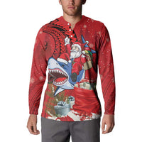 Funny Santa Riding Shark Button Sweatshirt Polynesian Tribal Christmas Spirit LT9 - Polynesian Pride
