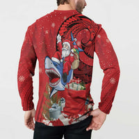 Funny Santa Riding Shark Button Sweatshirt Polynesian Tribal Christmas Spirit LT9 - Polynesian Pride