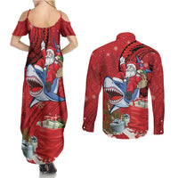 Funny Santa Riding Shark Couples Matching Summer Maxi Dress and Long Sleeve Button Shirt Polynesian Tribal Christmas Spirit - Polynesian Pride