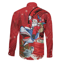 Funny Santa Riding Shark Family Matching Off The Shoulder Long Sleeve Dress and Hawaiian Shirt Polynesian Tribal Christmas Spirit LT9 - Polynesian Pride