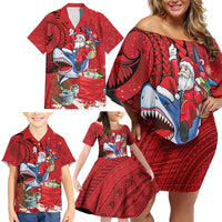 Funny Santa Riding Shark Family Matching Off Shoulder Short Dress and Hawaiian Shirt Polynesian Tribal Christmas Spirit - Polynesian Pride