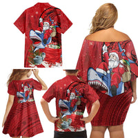 Funny Santa Riding Shark Family Matching Off Shoulder Short Dress and Hawaiian Shirt Polynesian Tribal Christmas Spirit - Polynesian Pride
