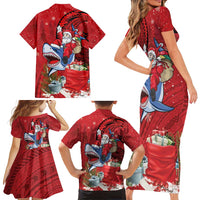 Funny Santa Riding Shark Family Matching Short Sleeve Bodycon Dress and Hawaiian Shirt Polynesian Tribal Christmas Spirit - Polynesian Pride