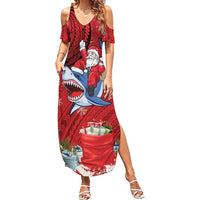 Funny Santa Riding Shark Family Matching Summer Maxi Dress and Hawaiian Shirt Polynesian Tribal Christmas Spirit - Polynesian Pride