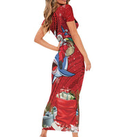 Funny Santa Riding Shark Short Sleeve Bodycon Dress Polynesian Tribal Christmas Spirit - Polynesian Pride