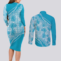 Hawaii Breadfruit Palaka Couples Matching Long Sleeve Bodycon Dress and Long Sleeve Button Shirt Polu Maile Lei LT9 - Polynesian Pride