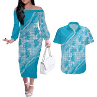 Hawaii Breadfruit Palaka Couples Matching Off The Shoulder Long Sleeve Dress and Hawaiian Shirt Polu Maile Lei - Polynesian Pride