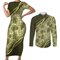 Hawaii Breadfruit Palaka Couples Matching Short Sleeve Bodycon Dress and Long Sleeve Button Shirt Omaomao Maile Lei LT9 Green - Polynesian Pride