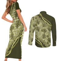 Hawaii Breadfruit Palaka Couples Matching Short Sleeve Bodycon Dress and Long Sleeve Button Shirt Omaomao Maile Lei LT9 - Polynesian Pride