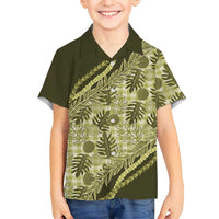 Hawaii Breadfruit Palaka Family Matching Off Shoulder Short Dress and Hawaiian Shirt Omaomao Maile Lei - Polynesian Pride